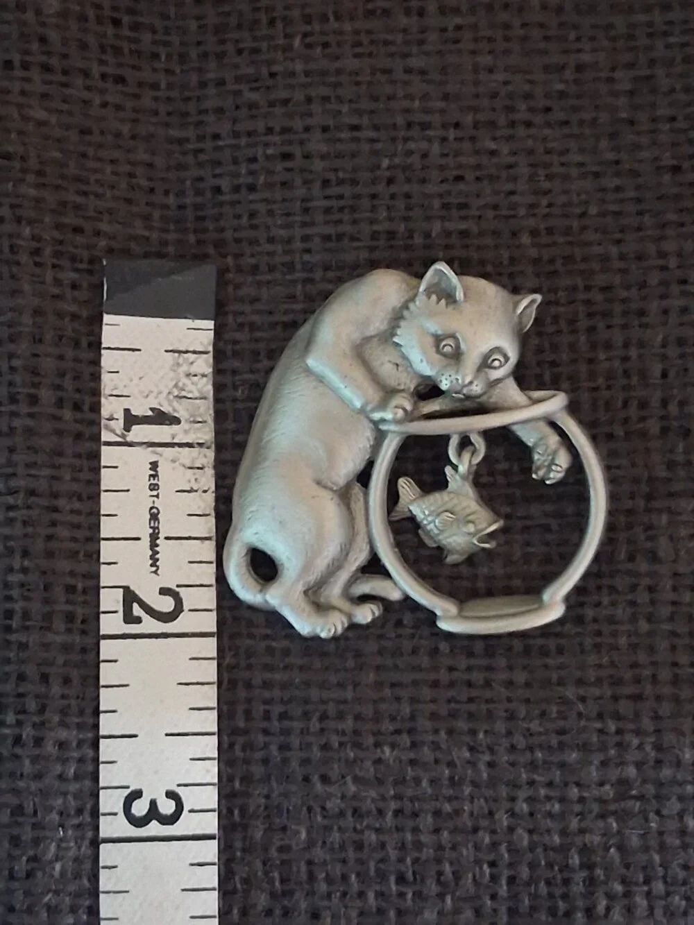 Set of 2 Vintage Signed JJ Pewter Cat Fishbowl Dangling Pins